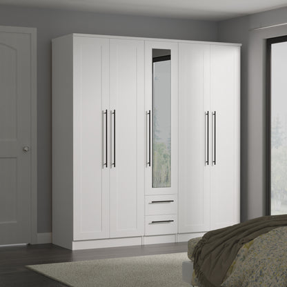 Beverley Tall Mirror Wardrobe White 5 Doors 2 Shelves 2 Drawers 196cm