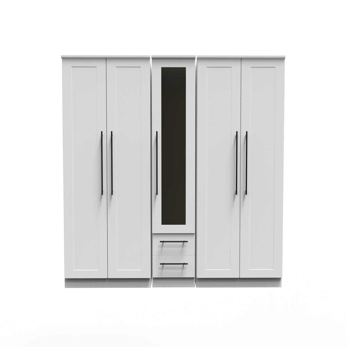 Beverley Tall Mirror Wardrobe White 5 Doors 2 Shelves 2 Drawers 196cm