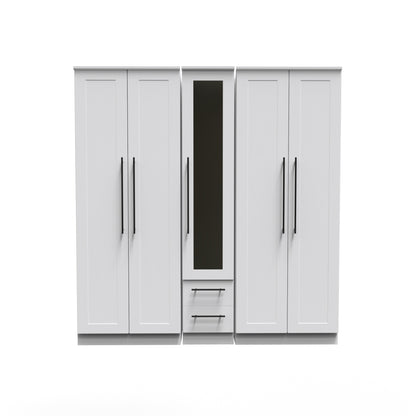 Beverley Tall Mirror Wardrobe White 5 Doors 2 Shelves 2 Drawers 196cm