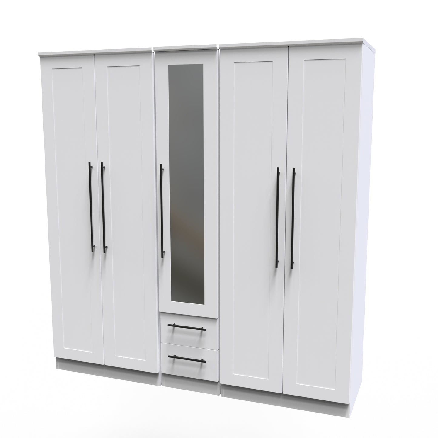 Beverley Tall Mirror Wardrobe White 5 Doors 2 Shelves 2 Drawers 196cm
