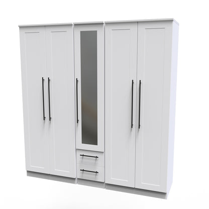 Beverley Tall Mirror Wardrobe White 5 Doors 2 Shelves 2 Drawers 196cm