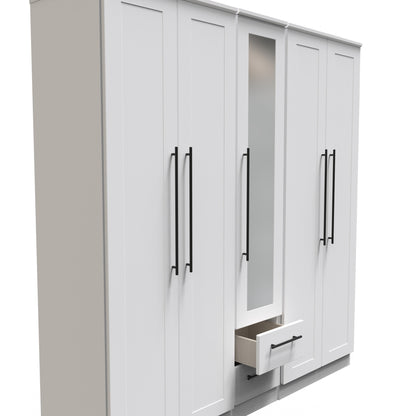 Beverley Tall Mirror Wardrobe White 5 Doors 2 Shelves 2 Drawers 196cm