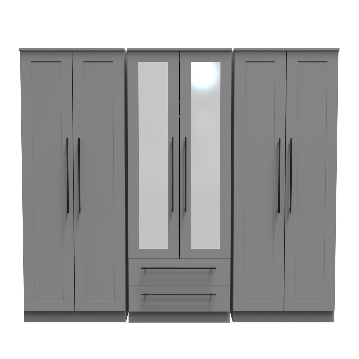 Beverley Tall Mirror Wardrobe Grey 6 Doors 2 Shelves 2 Drawers 222cm