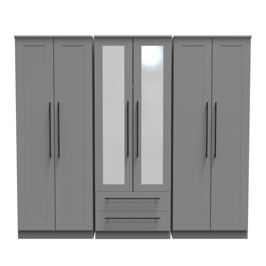 Beverley Tall Mirror Wardrobe Grey 6 Doors 2 Shelves 2 Drawers 222cm