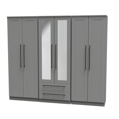 Beverley Tall Mirror Wardrobe Grey 6 Doors 2 Shelves 2 Drawers 222cm