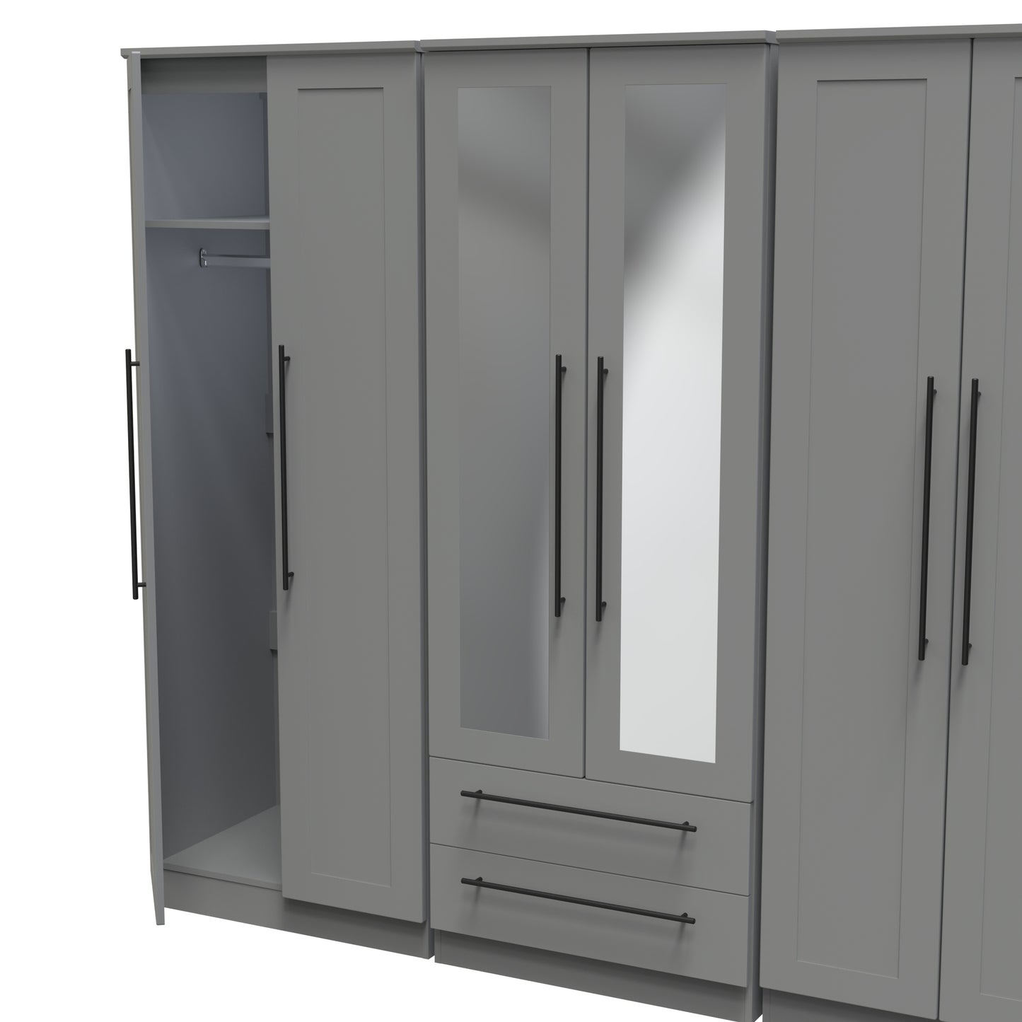 Beverley Tall Mirror Wardrobe Grey 6 Doors 2 Shelves 2 Drawers 222cm