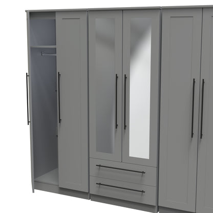Beverley Tall Mirror Wardrobe Grey 6 Doors 2 Shelves 2 Drawers 222cm
