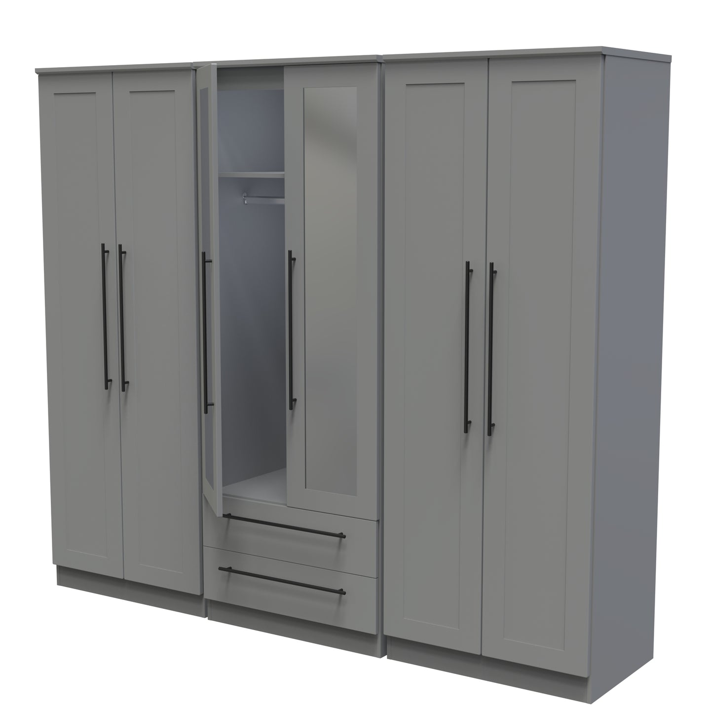 Beverley Tall Mirror Wardrobe Grey 6 Doors 2 Shelves 2 Drawers 222cm