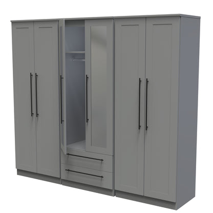 Beverley Tall Mirror Wardrobe Grey 6 Doors 2 Shelves 2 Drawers 222cm