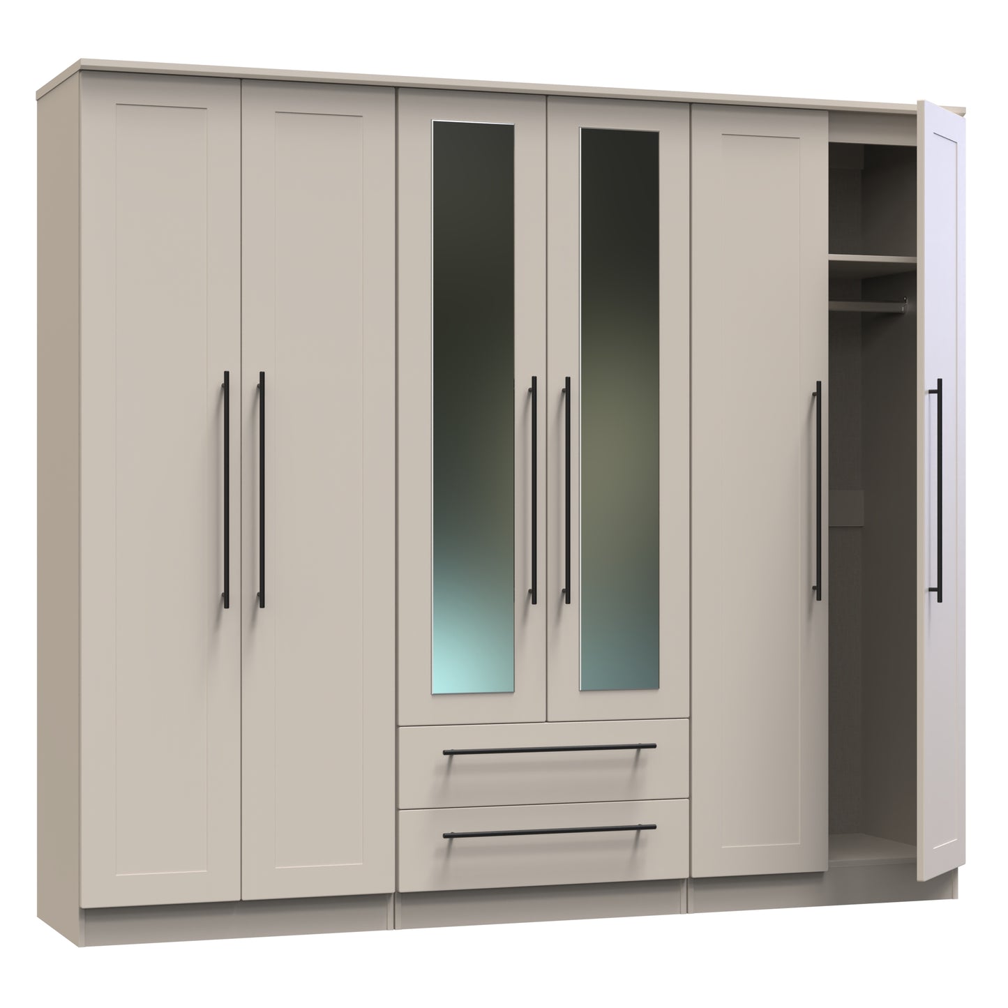 Beverley Tall Mirror Wardrobe Off-White 6 Doors 2 Shelves 2 Drawers 222cm