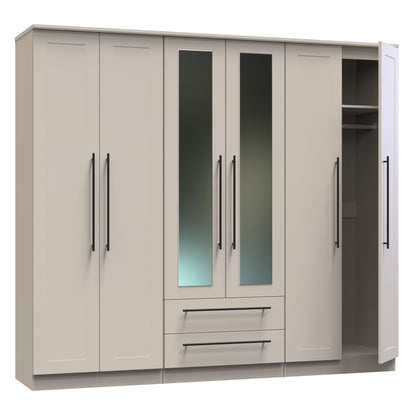 Beverley Tall Mirror Wardrobe Off-White 6 Doors 2 Shelves 2 Drawers 222cm