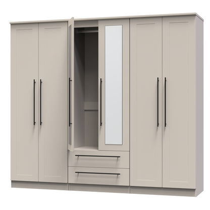Beverley Tall Mirror Wardrobe Off-White 6 Doors 2 Shelves 2 Drawers 222cm