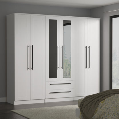 Beverley Tall Mirror Wardrobe White 6 Doors 2 Shelves 2 Drawers 222cm