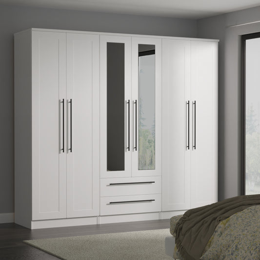 Beverley Tall Mirror Wardrobe White 6 Doors 2 Shelves 2 Drawers 222cm