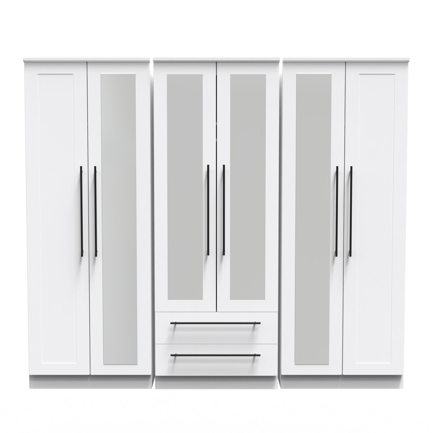 Beverley Tall Mirror Wardrobe White 6 Doors 2 Shelves 2 Drawers 222cm