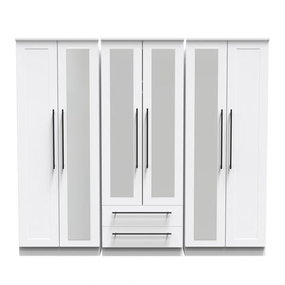 Beverley Tall Mirror Wardrobe White 6 Doors 2 Shelves 2 Drawers 222cm