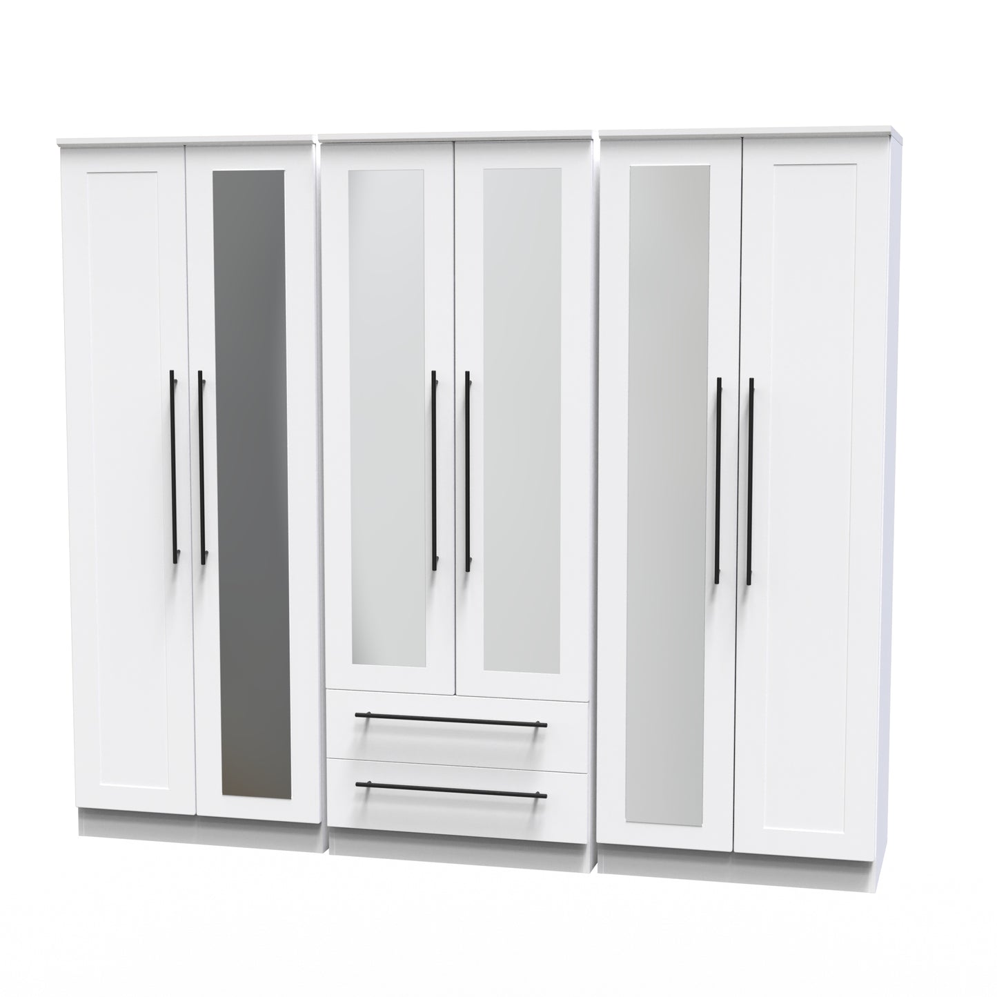 Beverley Tall Mirror Wardrobe White 6 Doors 2 Shelves 2 Drawers 222cm