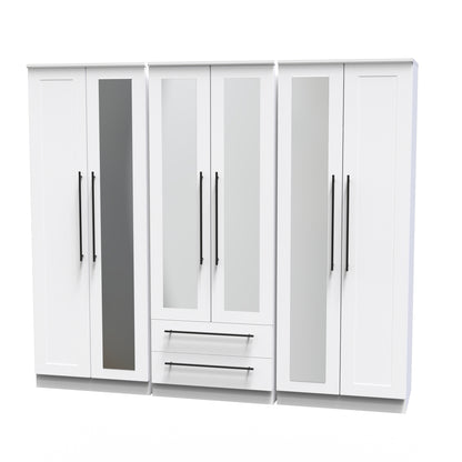 Beverley Tall Mirror Wardrobe White 6 Doors 2 Shelves 2 Drawers 222cm