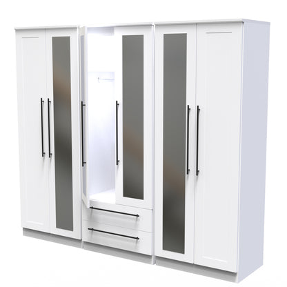 Beverley Tall Mirror Wardrobe White 6 Doors 2 Shelves 2 Drawers 222cm