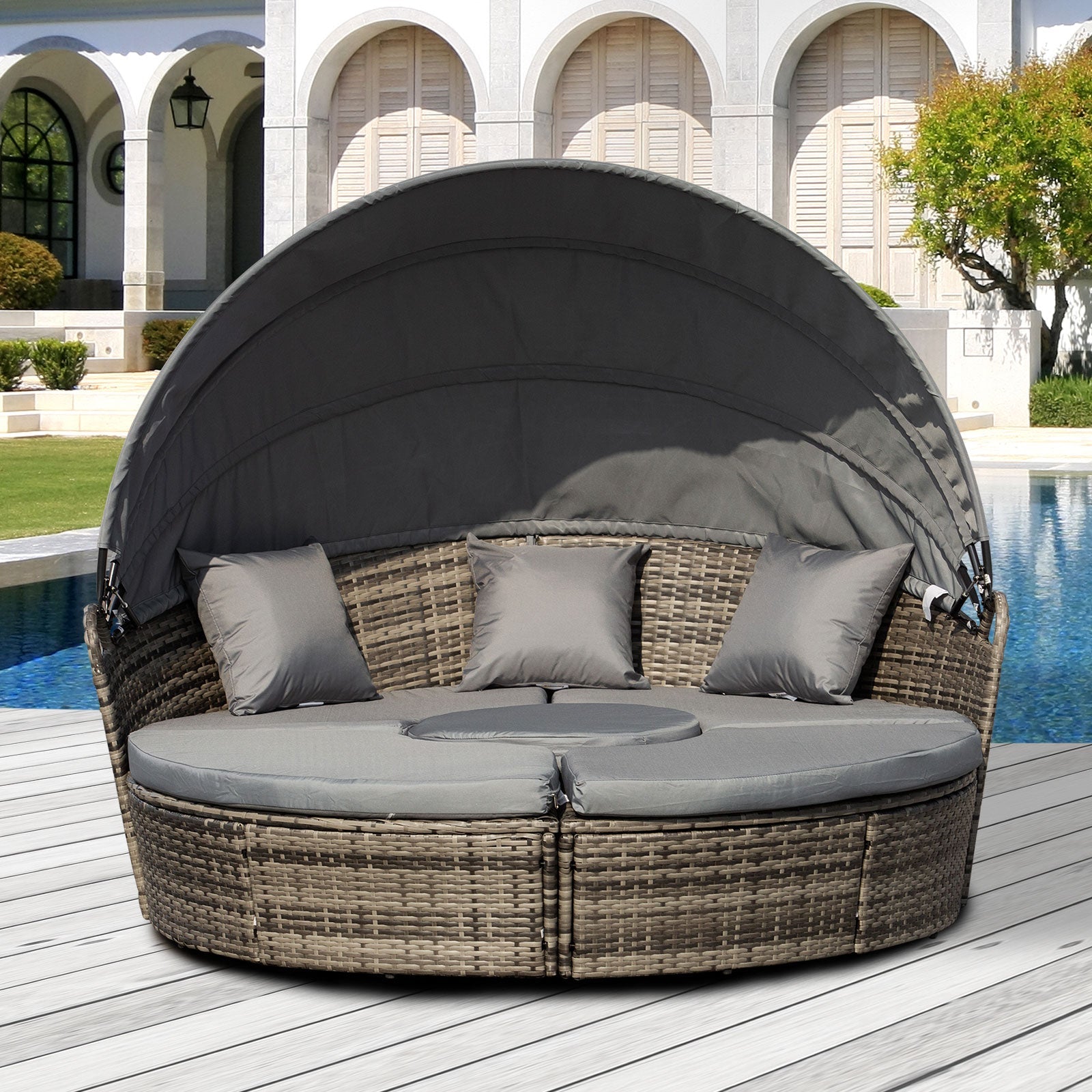 Rattan Garden Furniture Cushioned Wicker Round Sofa Bed with