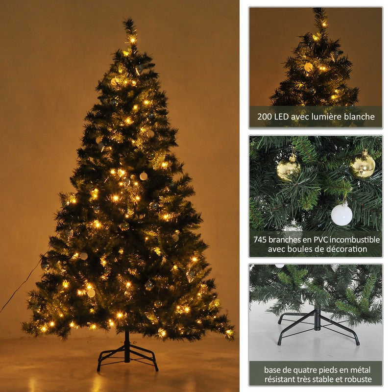 6FT Pre-Lit Artificial Christmas Tree 200 LED Xmas Tree Holiday Décor with Decorative Balls Ornament Metal Stand Green