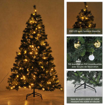 6FT Pre-Lit Artificial Christmas Tree 200 LED Xmas Tree Holiday Décor with Decorative Balls Ornament Metal Stand Green