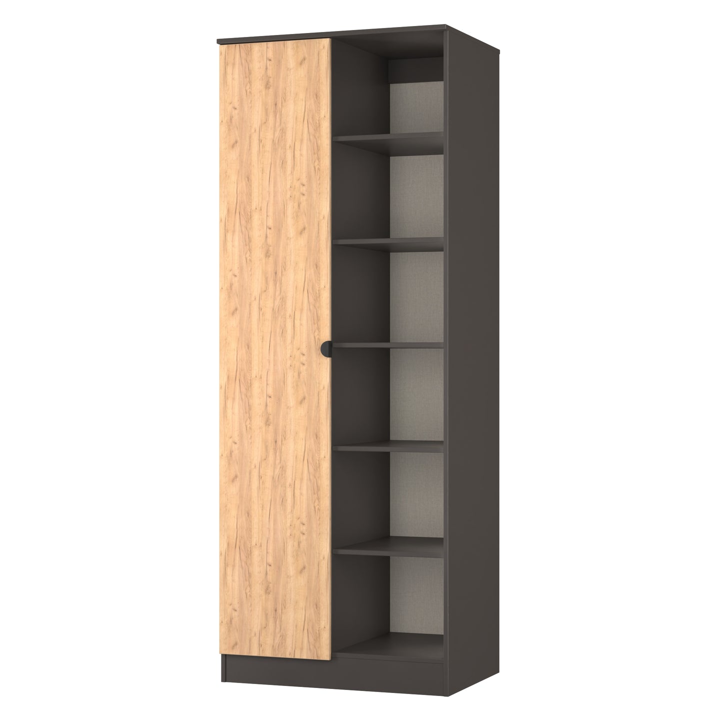 Bora Tall Wardrobe Oak & Dark Grey 2 Doors 6 Shelves 1 Drawer 196cm