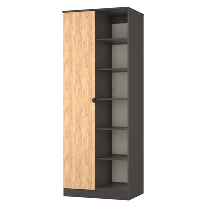 Bora Tall Wardrobe Oak & Dark Grey 2 Doors 6 Shelves 1 Drawer 196cm