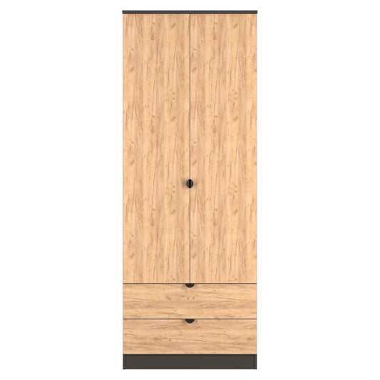 Bora Tall Wardrobe Oak & Dark Grey 2 Doors 2 Drawers 196cm