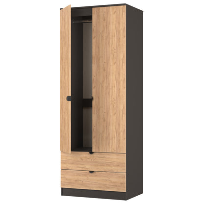 Bora Tall Wardrobe Oak & Dark Grey 2 Doors 2 Drawers 196cm