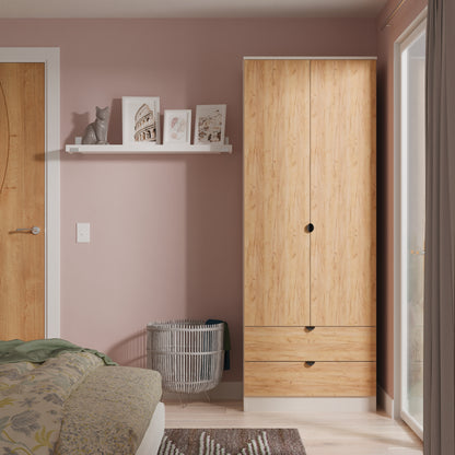 Bora Tall Wardrobe Oak & Off-White 2 Doors 2 Drawers 196cm