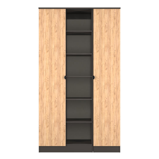 Bora Tall Wardrobe Oak & Dark Grey 3 Doors 6 Shelves 196cm