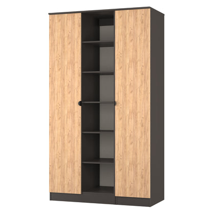 Bora Tall Wardrobe Oak & Dark Grey 3 Doors 6 Shelves 196cm