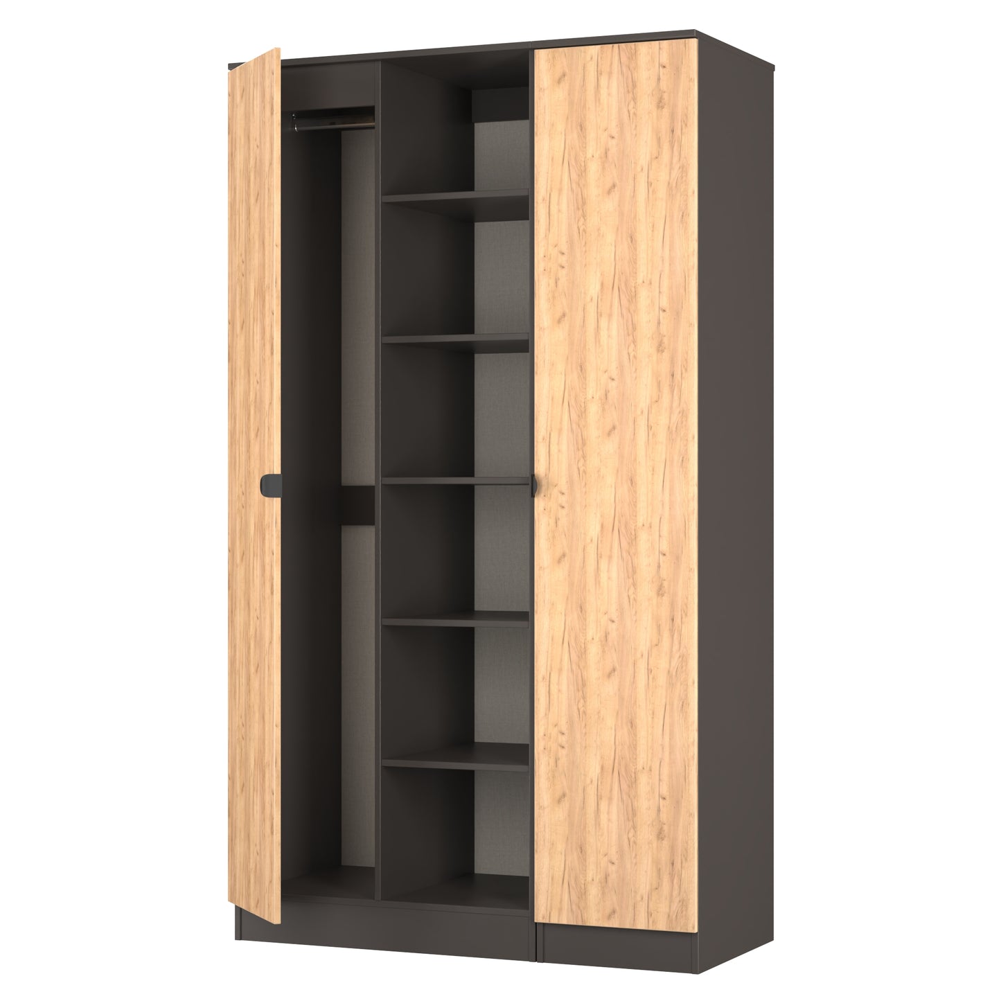 Bora Tall Wardrobe Oak & Dark Grey 3 Doors 6 Shelves 196cm