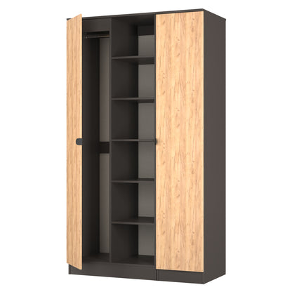 Bora Tall Wardrobe Oak & Dark Grey 3 Doors 6 Shelves 196cm