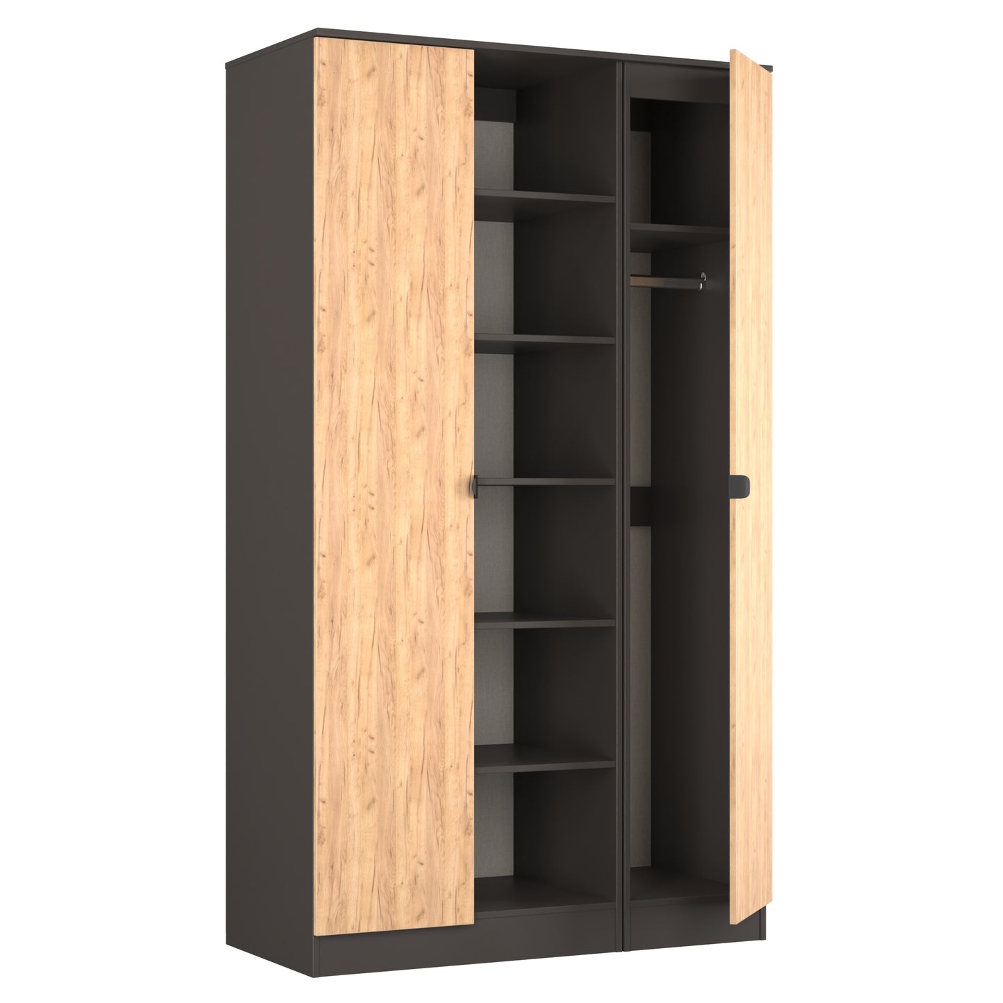 Bora Tall Wardrobe Oak & Dark Grey 3 Doors 6 Shelves 196cm