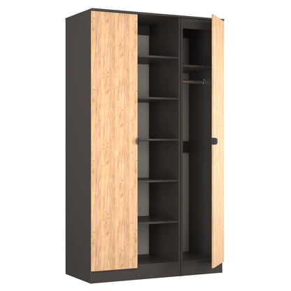 Bora Tall Wardrobe Oak & Dark Grey 3 Doors 6 Shelves 196cm