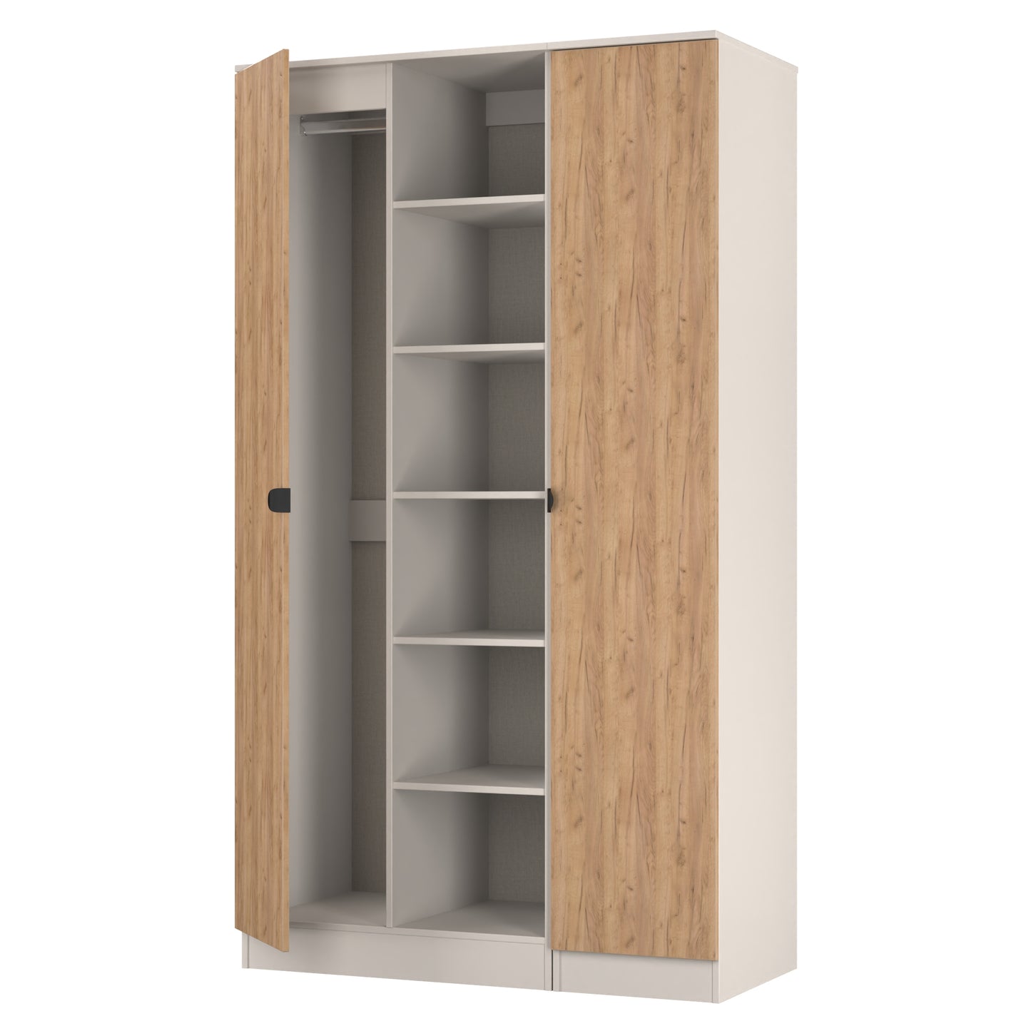 Bora Tall Wardrobe Oak & Off-White 3 Doors 6 Shelves 196cm