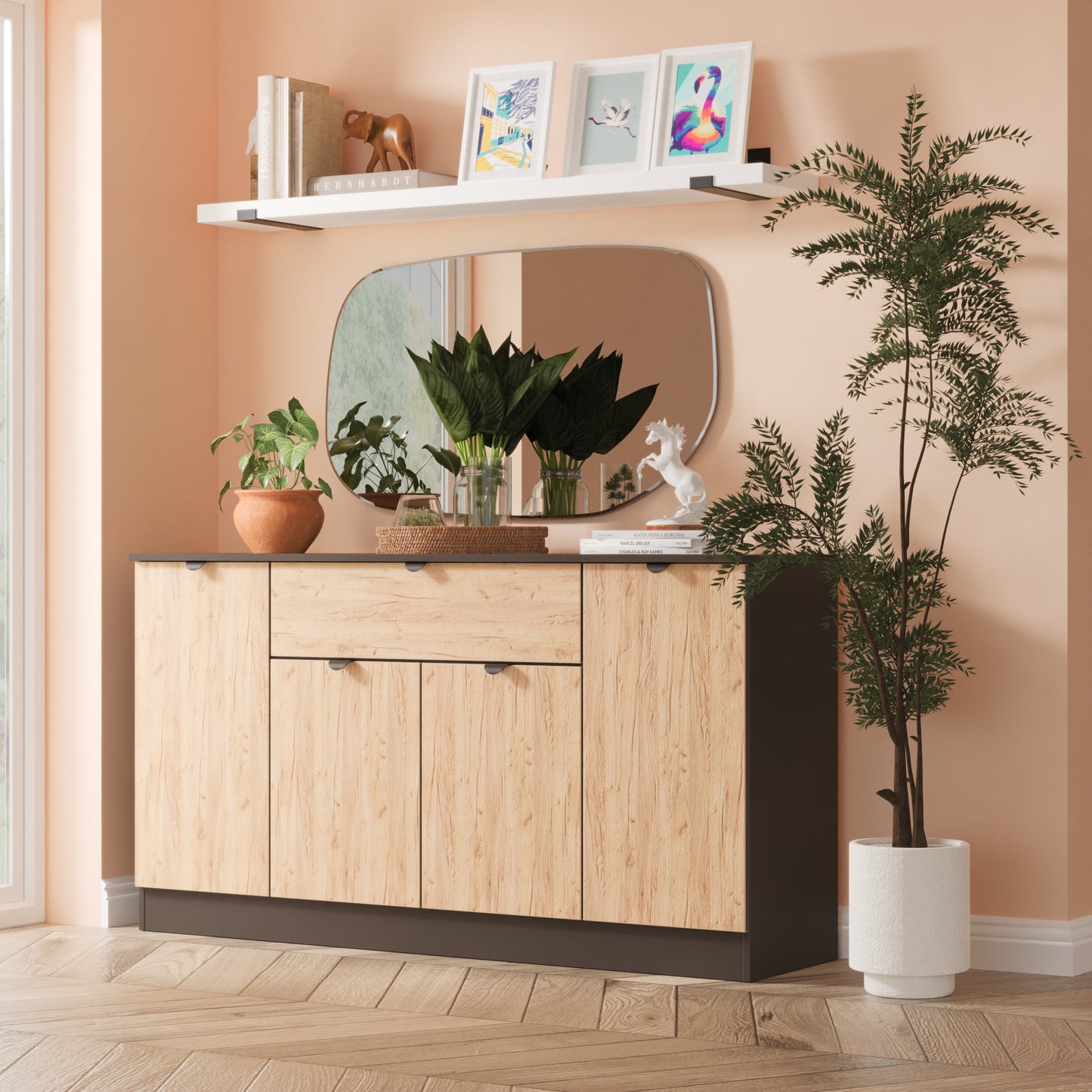 Bora Large Sideboard Gold & Dark Grey 4 Doors 2 Shelves 1 Drawer 144cm