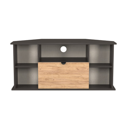 Bora Corner Corner TV Unit Gold & Dark Grey 4 Shelves 1 Drawer 110cm