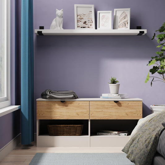 Bora Large Chest of Drawers Oak & Off-White 2 Shelves 2 Drawers 110cm