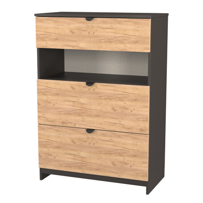 Bora Tall Chest of Drawers Oak & Dark Grey 1 Shelf 3 Drawers 108cm