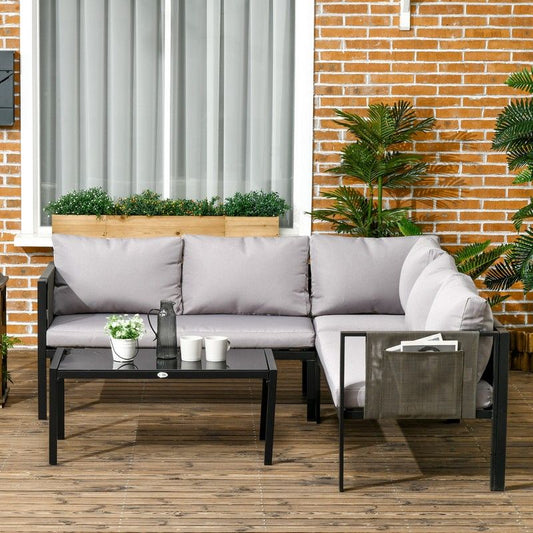 Outsunny 4 Piece Metal Garden Furniture Set with Tempered Glass Coffee Table Primary Image