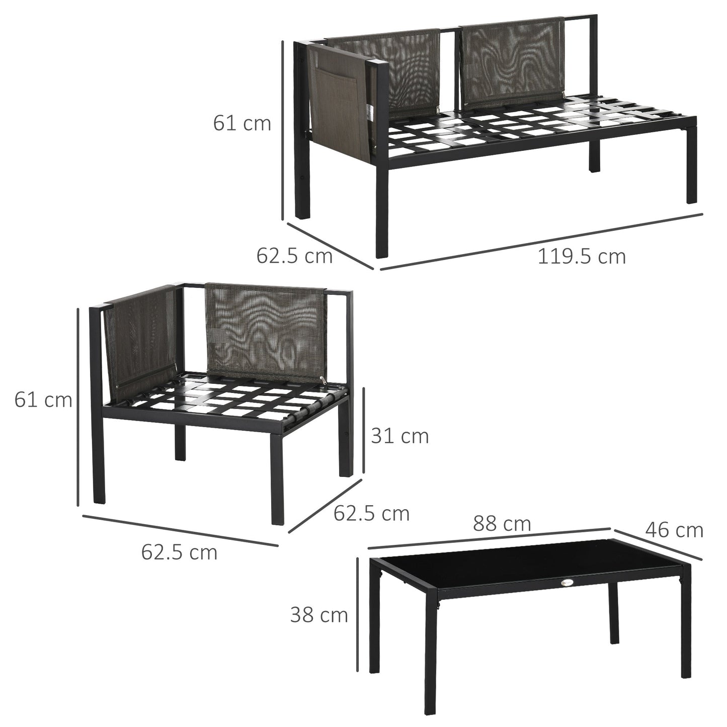 Outsunny 4 Piece Metal Garden Furniture Set with Tempered Glass Coffee Table