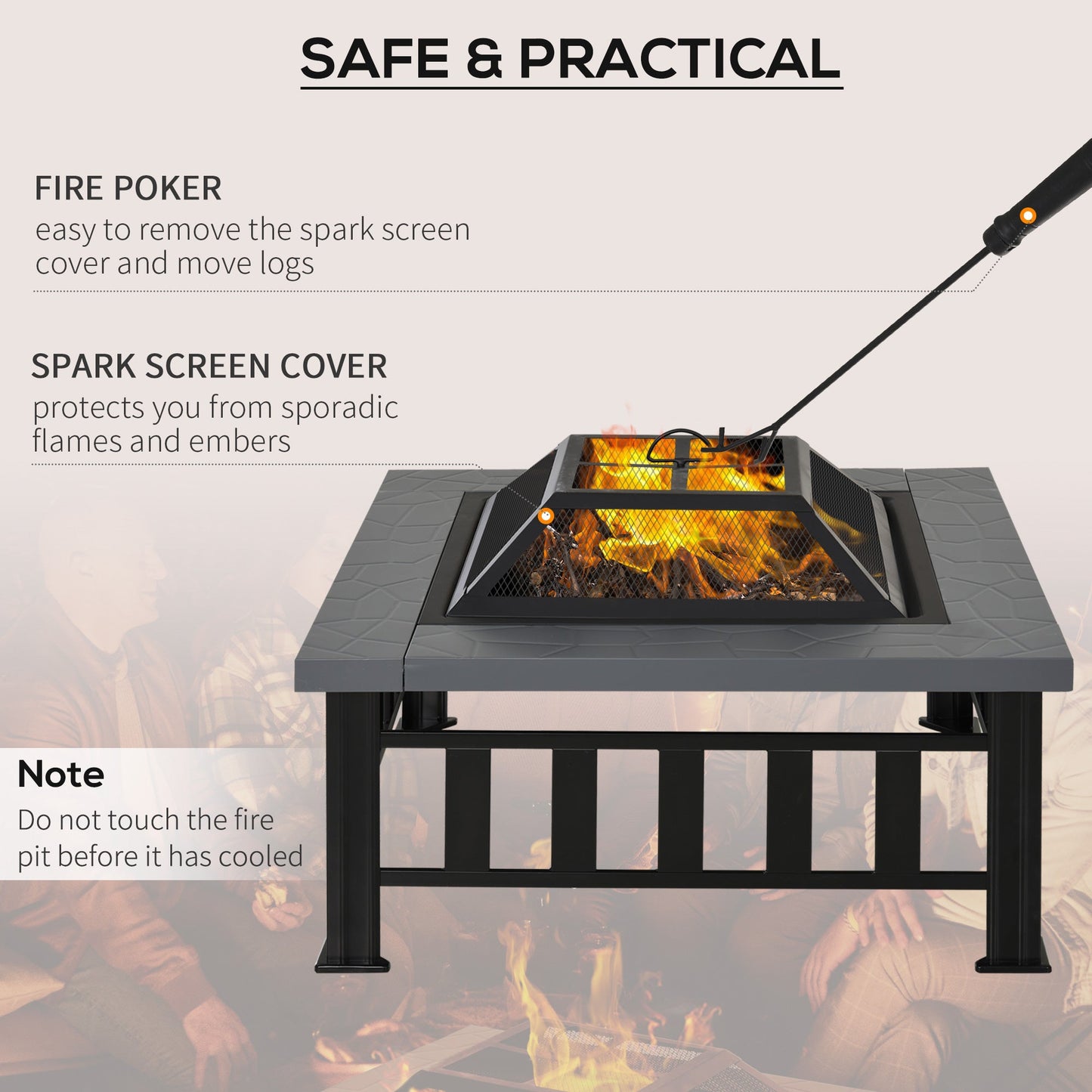 Metal Large Firepit Outdoor Square Fire Pit Brazier w/ Rain Cover