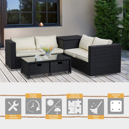 4-Piece Rattan Wicker Garden Furniture Patio Sofa Storage & Table Set w/ 2 Drawers Coffee Table