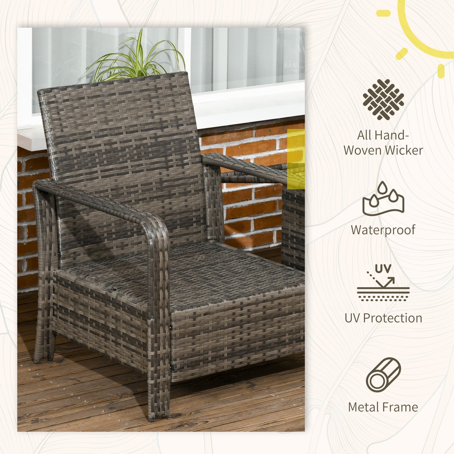 3-Piece PE Rattan Wicker Garden Furniture Patio Bistro Set Weave Conservatory Sofa Storage Table and Chairs Set Grey Cushion & Wicker