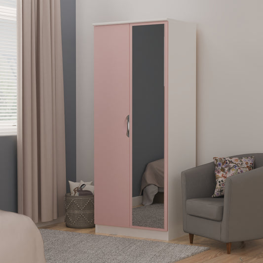 Camden Tall Mirror Wardrobe Pink & White 2 Doors 1 Shelf 182cm