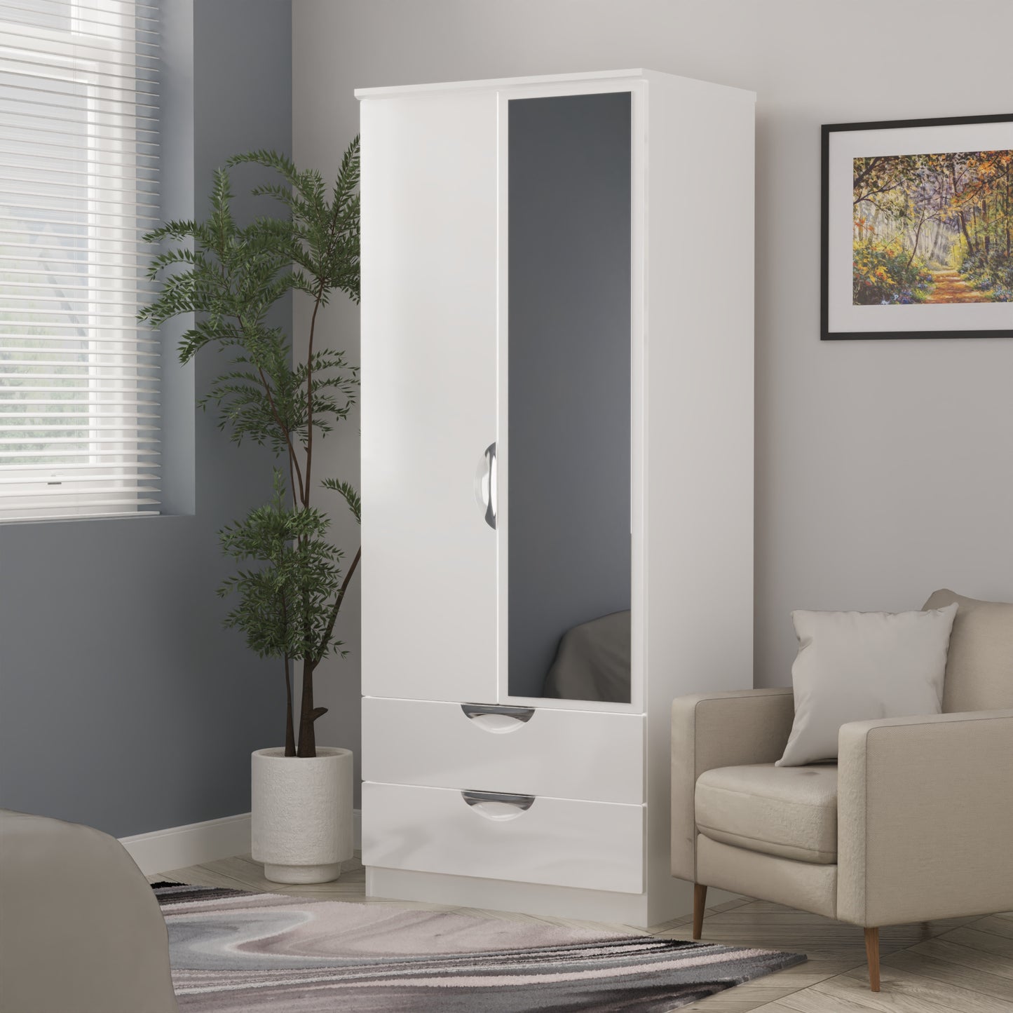 Camden Tall Mirror Wardrobe White 2 Doors 2 Drawers 182cm