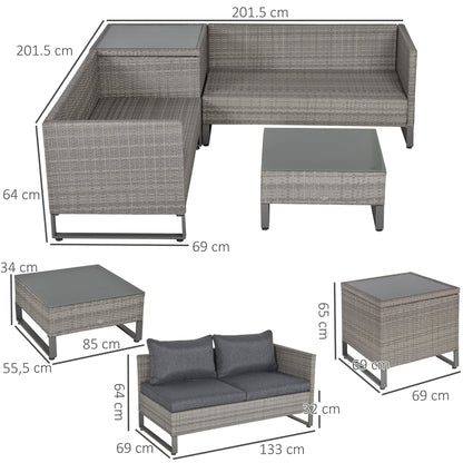 4-Piece PE Rattan Wicker Sofa Set Outdoor Conservatory Furniture Lawn Patio Coffee Table w/ Side Storage Box & Cushion